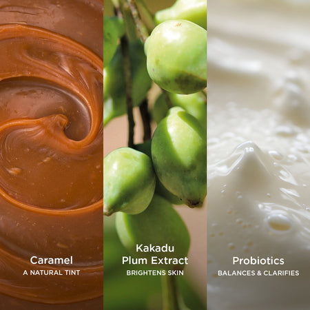Side-by-side close-up images of skincare ingredients: smooth caramel swirl labelled 'Caramel – A Natural Tint,' fresh green Kakadu plums on a branch labelled 'Kakadu Plum Extract – Brightens Skin,' and creamy probiotics texture labelled 'Probiotics – Balances & Clarifies.